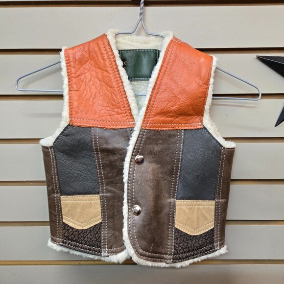 Vintage Leather patchwork Childs vest sherpa lining approx size 7/8 - Picture 1 of 1